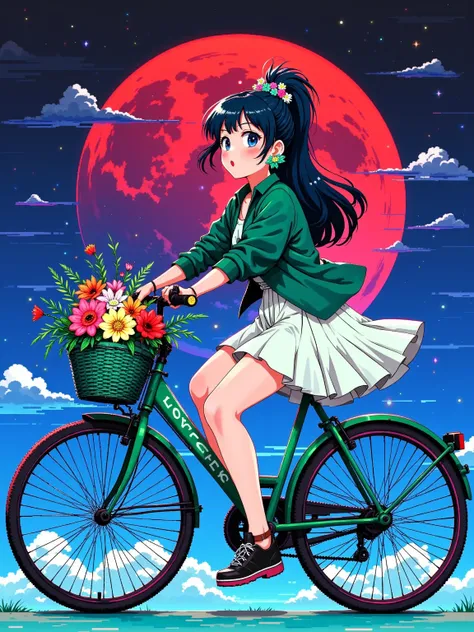 (masterpiece, best quality:1.2), 1girl, Cute , round face, short legs, watery eyes, lipstick, one eye open and one eye closed, very playful, kissing the camera, pouting, long black hair, high ponytail, wearing green flower earrings, green bicycle, bicycle ...