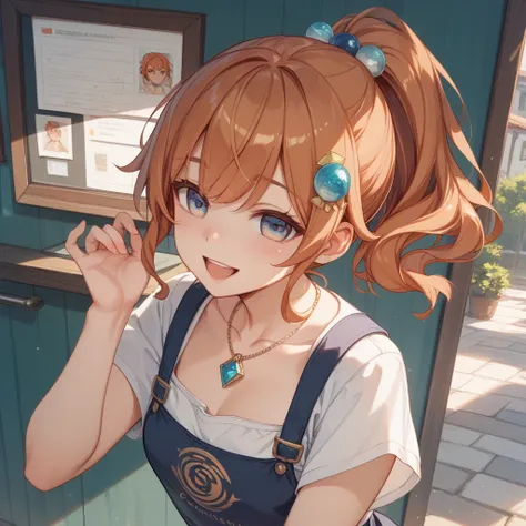 Copper hair、small hair ornament、high ponytail、long hair、 eye larger、Keep the outer corner of your eye high 、lashes slightly longer、Small nose、Open your mouth slightly、smile、18 years old、Lean forward、Short sleeve、Chest Exposure、 pendant