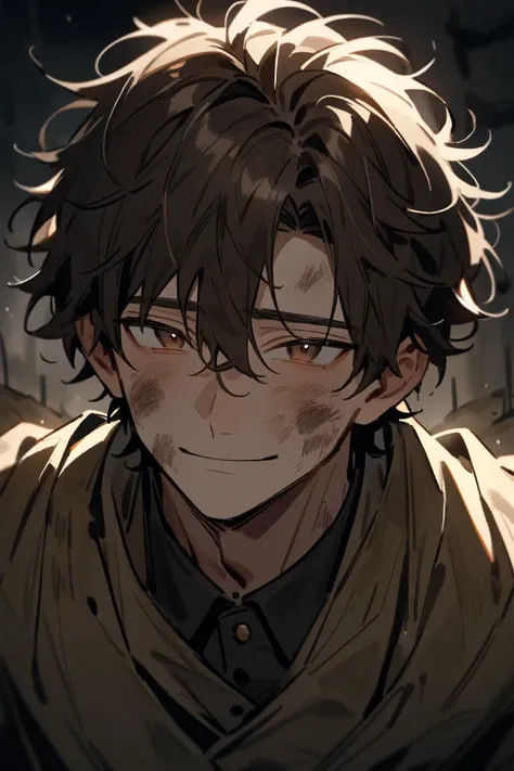 (male focus) (alone) 1 adult aged man with brown eyes and messy hair in wartime trenches with subtle lighting, sad smile, dirty face, upper body, handsome, charming, looking at you, perfect eyes, poetic