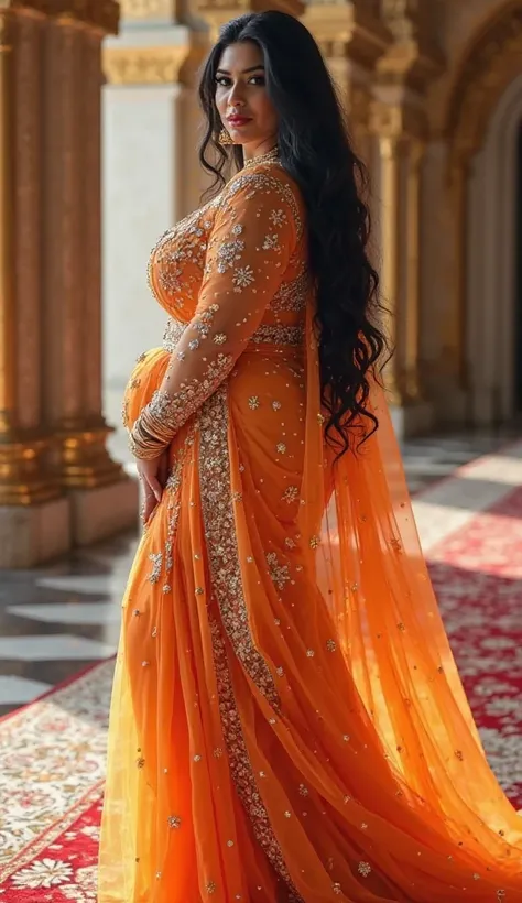 White Skinned Indian Young Daughter is actually  curvy slim thick busty with big booty flaunts big curves in extremely skin tight a fully embellished diamond studded shiny orange transparent arabian princess muslimah dupatta long scarf dress, a matching hi...