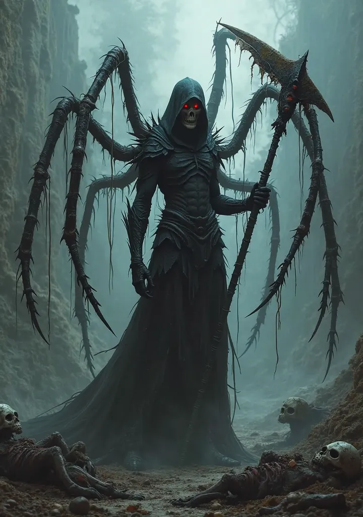 "A hybrid warrior of a spider and reaper in a dark environment, realista 4K style. His body is slender and covered by black armor, with long, sharp legs emerging from his back. His face is hidden by a torn hood, but multiple eyes glow red in the dark. He h...