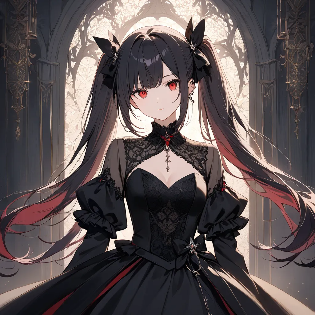 gothic princess， double ponytail，Dark，Lace，red eyes，Beautiful Girl