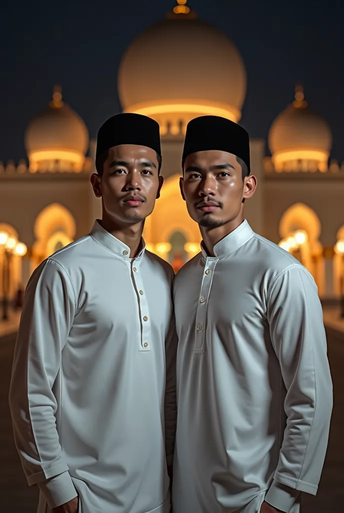 2 handsome guys aged 28 years old, clean white indonesian,wearing a black peci ,and wearing white muslim coco shirt are on the street at night,luxury mosque background