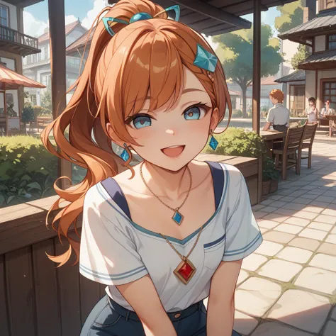 Copper hair、small hair ornament、high ponytail、long hair、 eye larger、Keep the outer corner of your eye high 、lashes slightly longer、Small nose、Open your mouth slightly、smile、18 years old、Lean forward、Short sleeve、Chest Exposure、 pendant