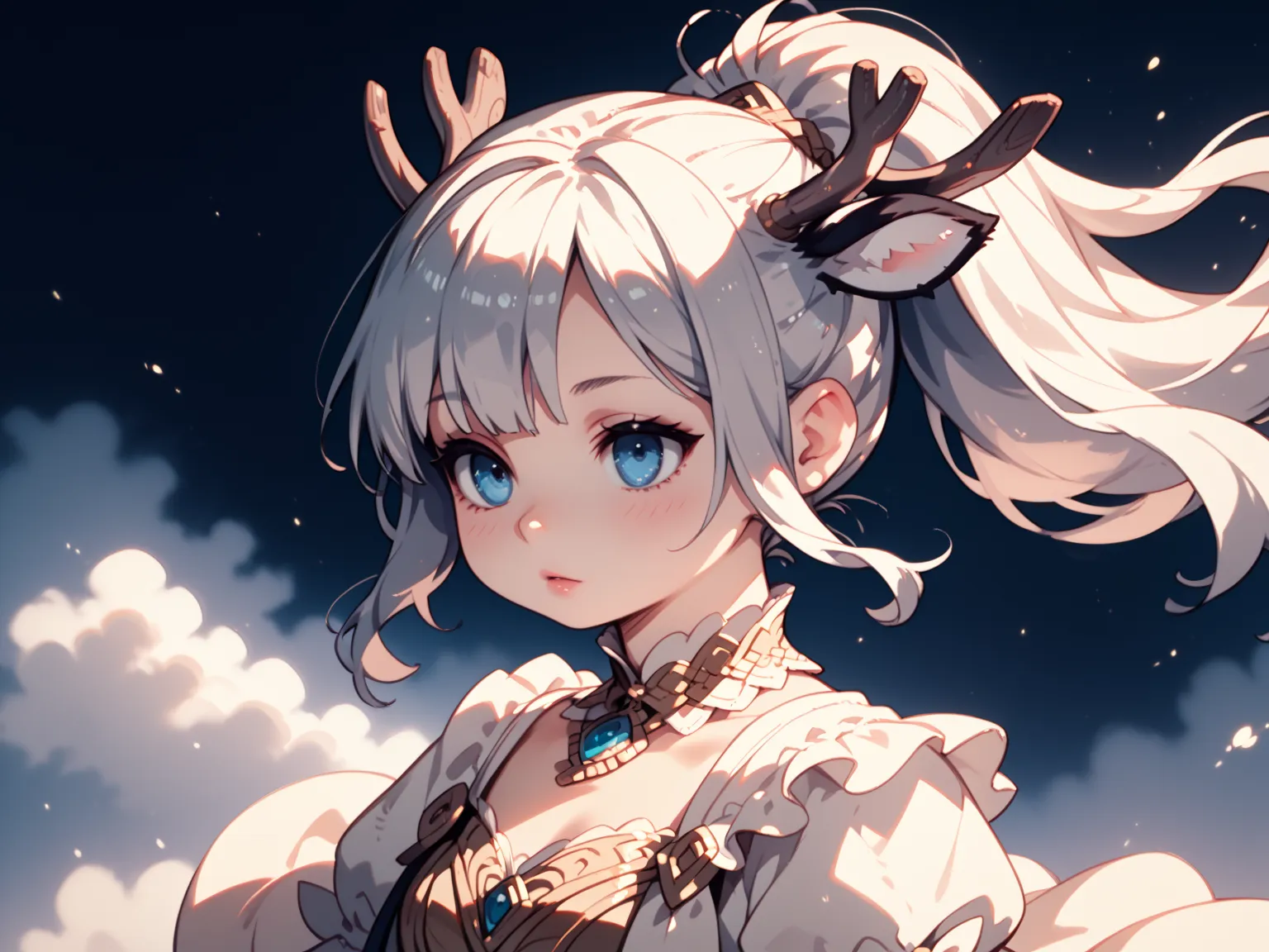 1 girl（very young）、full bodyを映す、full body、 Silver Hair、short hair、front ponytail、hair between eyes、 gray eyes、Mismatched Eyes、European clothing、 expressionless、Deer ears、Jitome