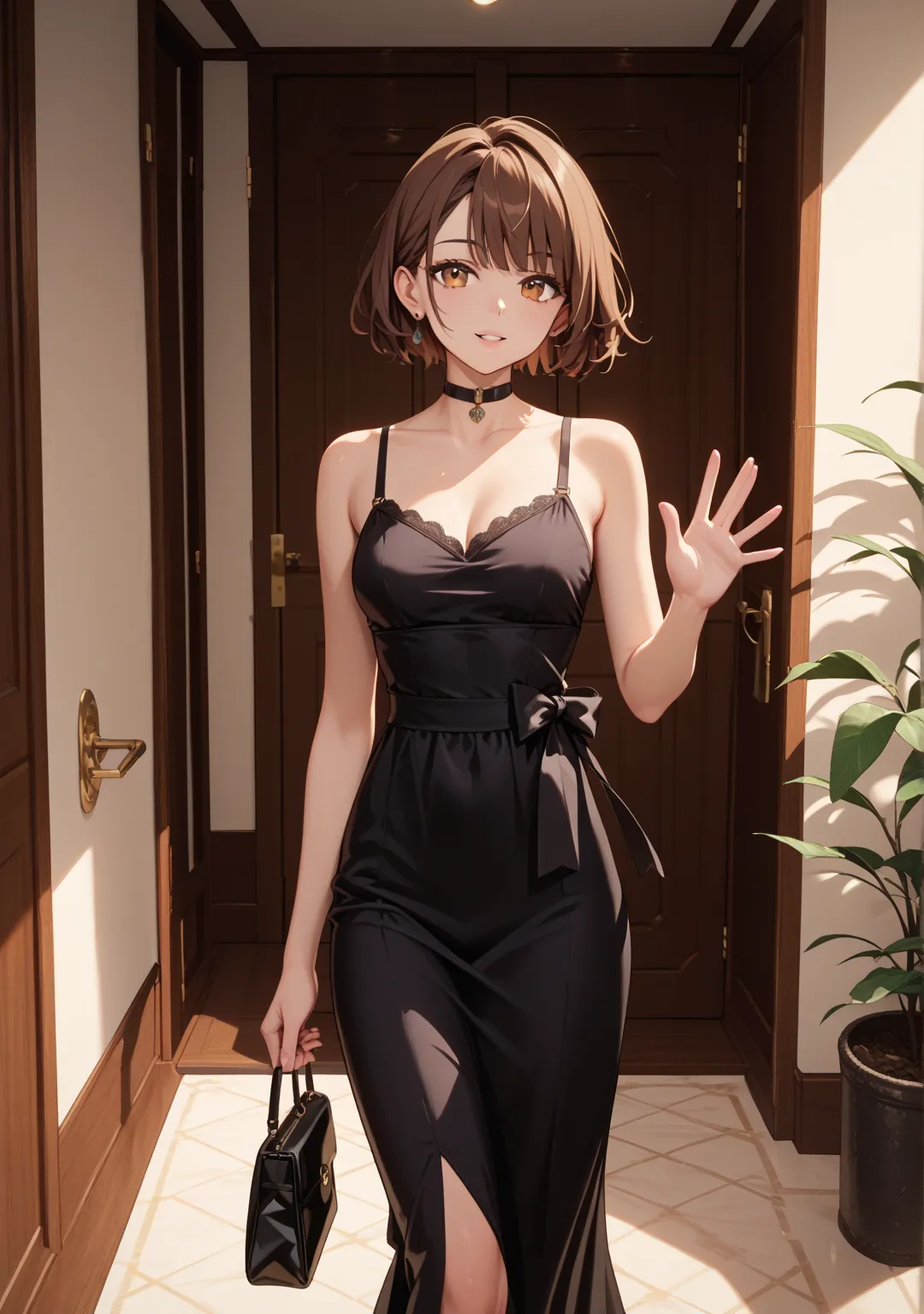 nsfw,night,one girl,,short hair,straight hair ,brown hair,brown eyes,swept bangs,black dress,bag,lounge,walking,,Fat men,open the door,black choker,slender,Jacket,with one hand raised and waving,