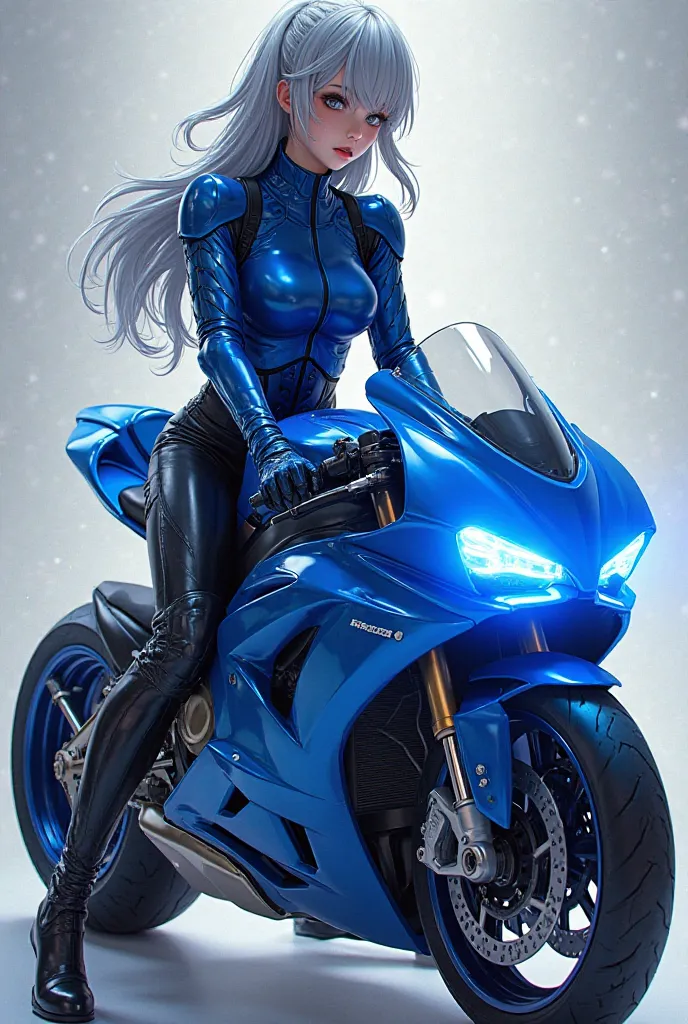 a woman sitting on top of a blu motorcycle, picture of a female biker, motorbiker, by Jan Tengnagel, slick blue armor, blue power, shining blue armor, motorcycle concept art, razorgirl, ”beautiful anime woman, biker, streamlined blue armor, motorcycle, str...