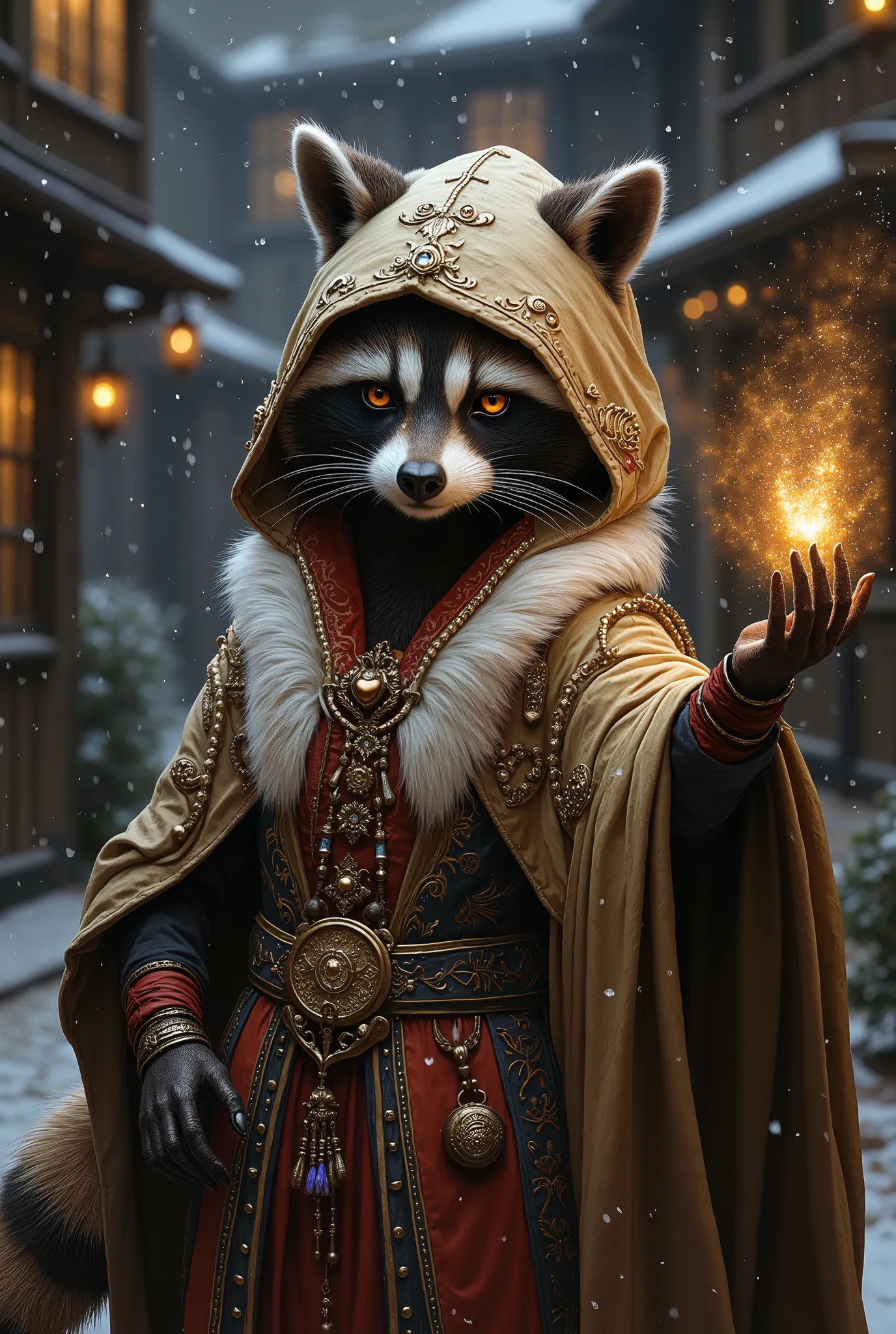 A beautifully detailed fantasy digital painting of an anthropomorphic raccoon sorceress standing in a mystical, snow-covered village alleyway. She has piercing amber eyes and soft, well-groomed fur with distinctive black-and-white facial markings. She wear...