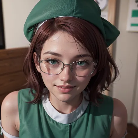 (close-up, face:1.2). Short, (red hair, green eyes:1.2), (diopter glasses with metal frames:1.2), (green nurse costume:1.6), ( smile:1.3) girl . ( Masterpiece , top quality shirt, best quality, official art,  beautiful and aesthetic:1.2),  extremely detail...