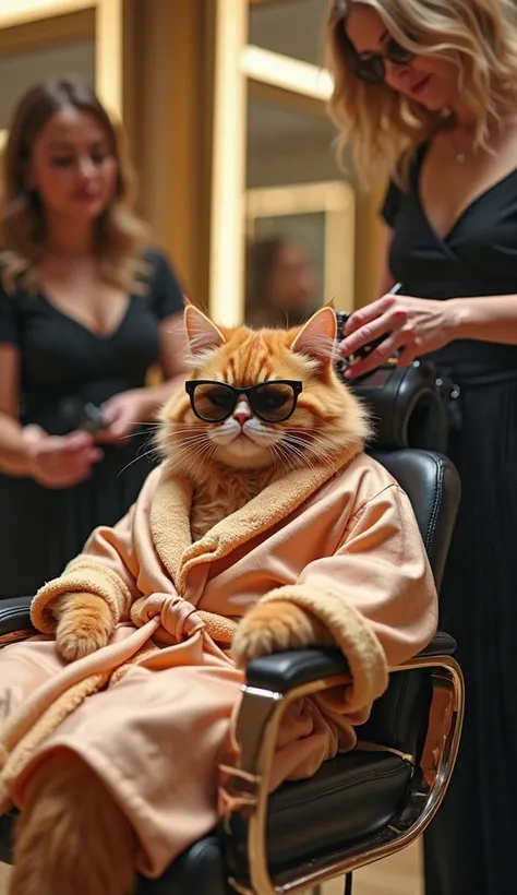 A chubby orange cat sitting like a boss in a luxurious salon chair, wearing tiny sunglasses and a silk robe. The cat looks completely relaxed, with a smug expression as two elegant female hairstylists give him a professional keratin treatment. One lady is ...