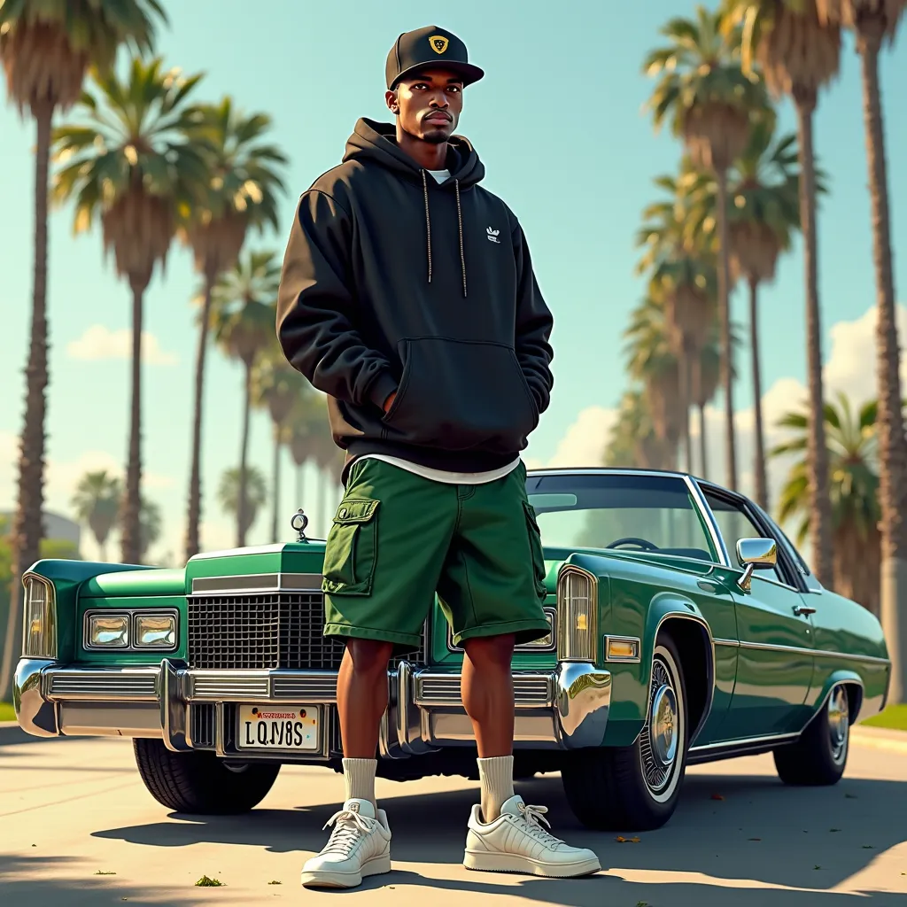 a typical old school rap cover. a black rapper from Karlifonia is in front of his low-slung Cadillac lowrider in a bright green. the sun is shining, palm trees in the background. the rapper is wearing a black cap. he is slim, attractive and dangerous. a ho...