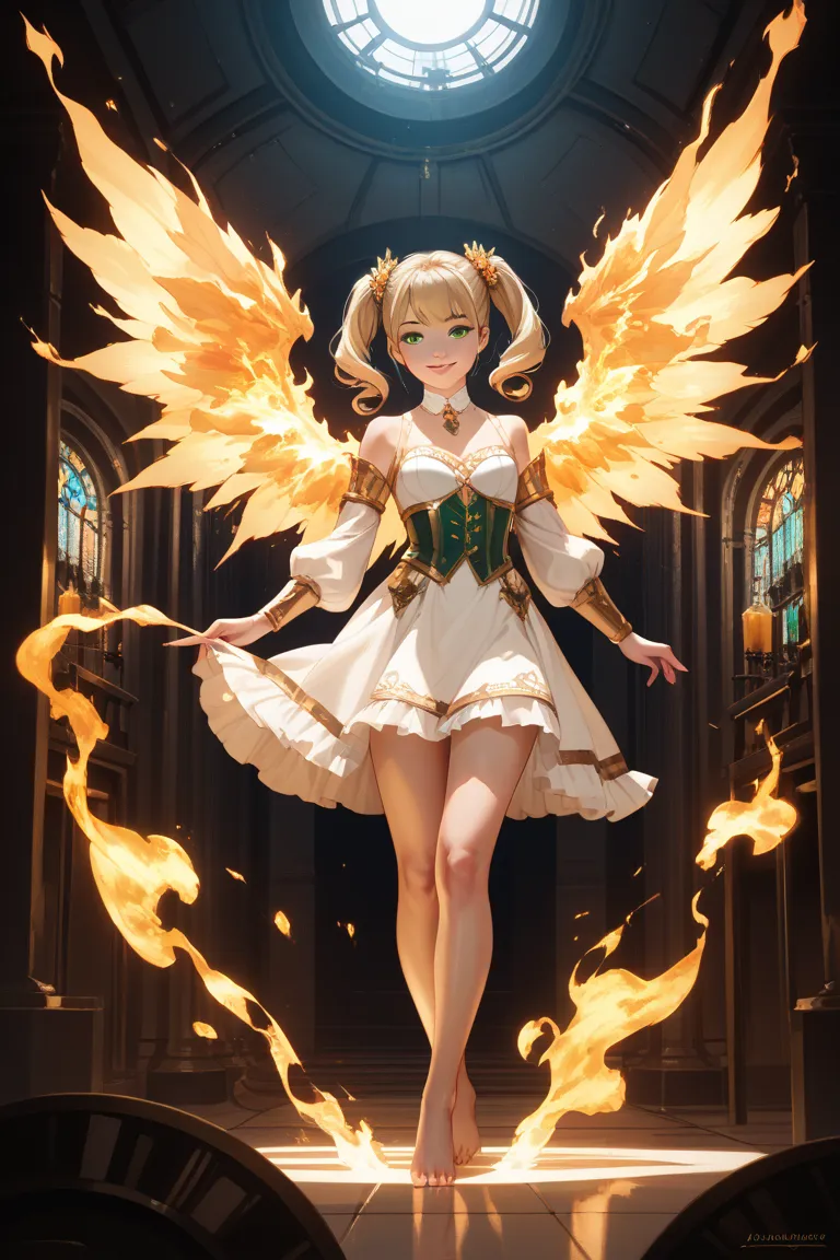 1 girl（very young）、full body、、 Gold、Big Hair、twin tails、 hair above eyes、 green eyes、 eyelashes、Chemist、disappointing、Head Wings、Burning Eyes、barefoot