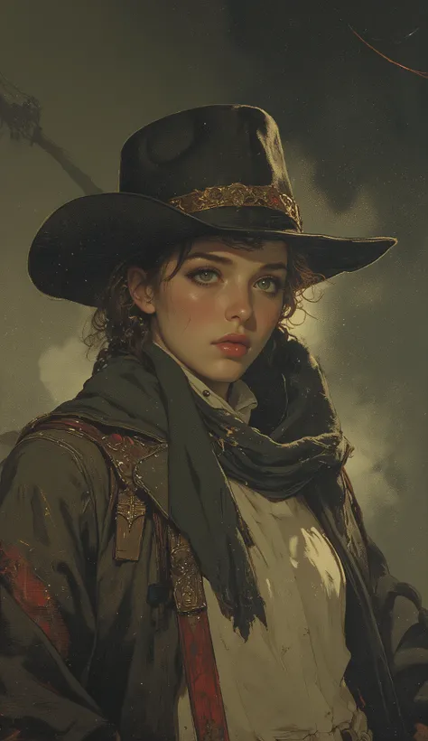 taken from obliquely below、 Fisheye 、high school girl, intense expression that radiates deep wisdom and mystery, Misty, dreamy background 、 cowboy style、Wear a deep cowboy bat、 Gold、braids、Kiss the shotgun、