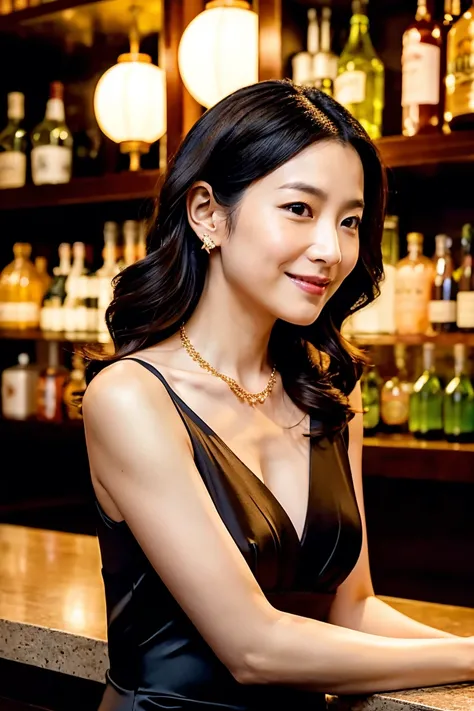 A sexy 35-year-old Japanese woman with an alluring gaze and a soft, teasing smile. Her long, wavy black hair cascades over her shoulders, with one strand gently tucked behind her ear. She wears a form-fitting black satin dress with a subtle slit, revealing...