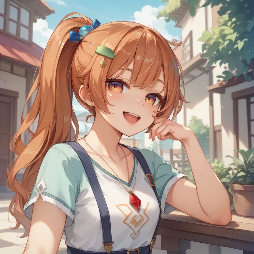 Copper hair、small hair ornament、high ponytail、long hair、 eye larger、Keep the outer corner of your eye high 、lashes slightly longer、Small nose、Open your mouth slightly、smile、18 years old、Lean forward、Short sleeve、Chest Exposure、 pendant