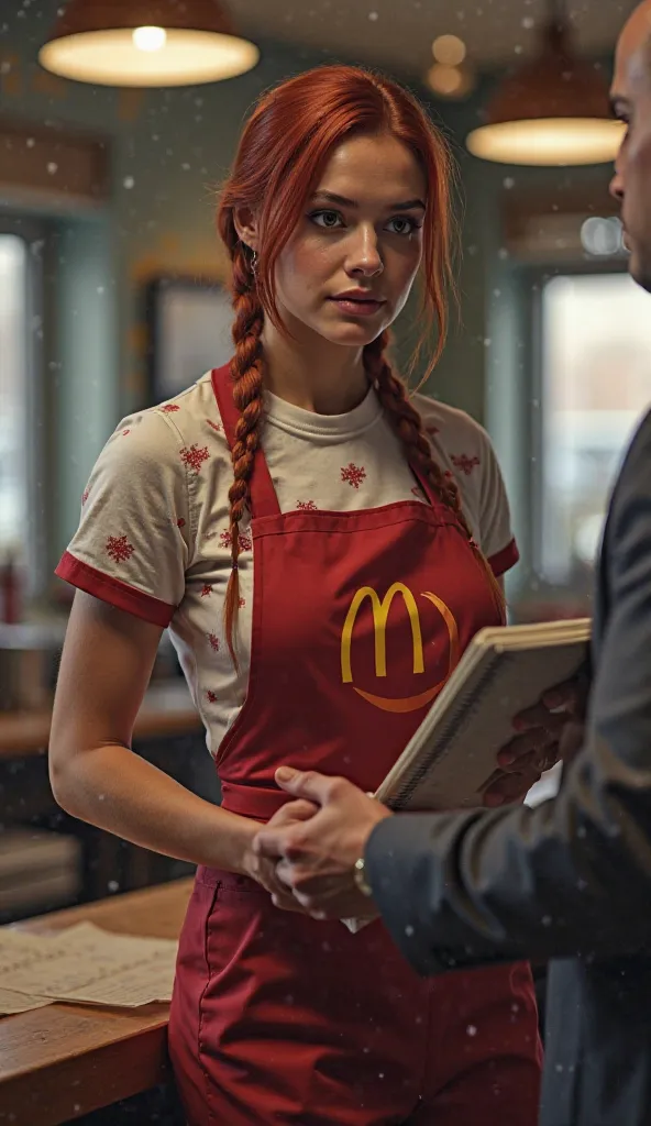 Kratos, wearing a tight McDonald's uniform, stares at the manager with a dark look while receiving basic instructions. Her expression is one of pure disbelief. Her huge hands barely hold a notebook of notes