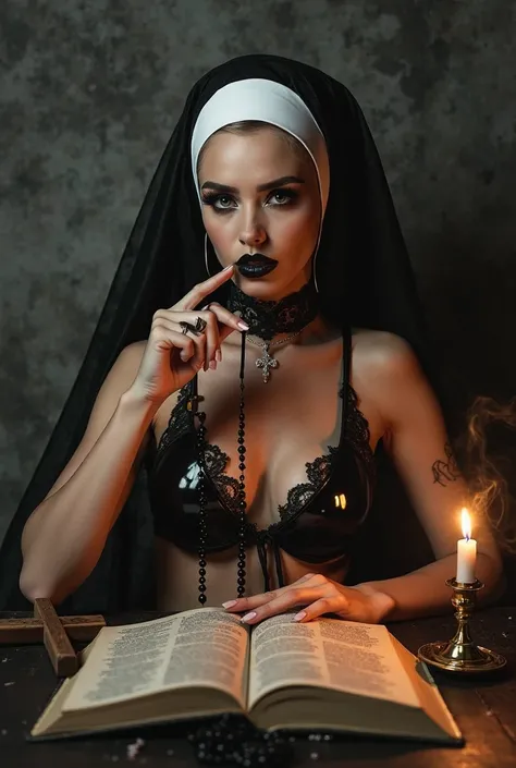 A dark, moody, and highly detailed portrait of a mysterious woman dressed as an unconventional nun, sitting at a dimly lit table with an open book in front of her. She wears a traditional black and white nun's veil, but her attire is provocative, consistin...