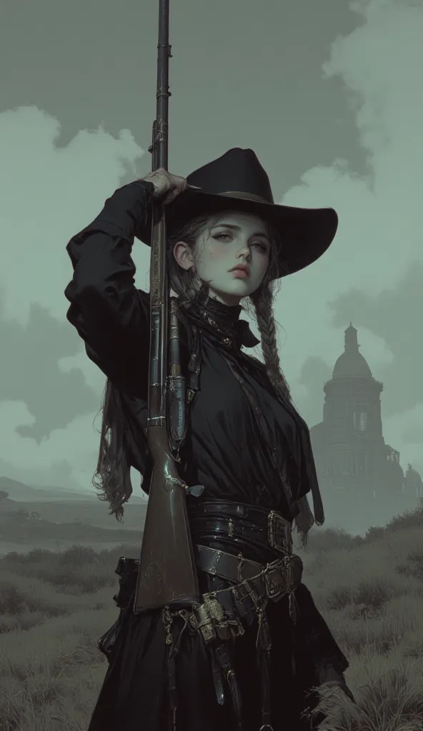  taken from obliquely below、 Fisheye 、high school girl, intense expression that radiates deep wisdom and mystery, Misty,  dreamy background 、 cowboy style、Wear a deep cowboy bat、 Gold、braids、Hold an old rifle on your shoulder、