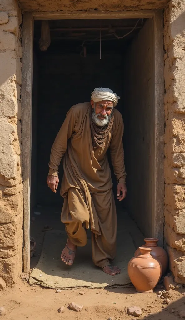 A small, run-down house with a worn-out mat and a few clay pots.

Character Action: Ali, a poor laborer, returns home exhausted from work. His face shows fatigue, and his eyes reflect hunger.

Mood: Hardship, poverty, but honesty and patience.