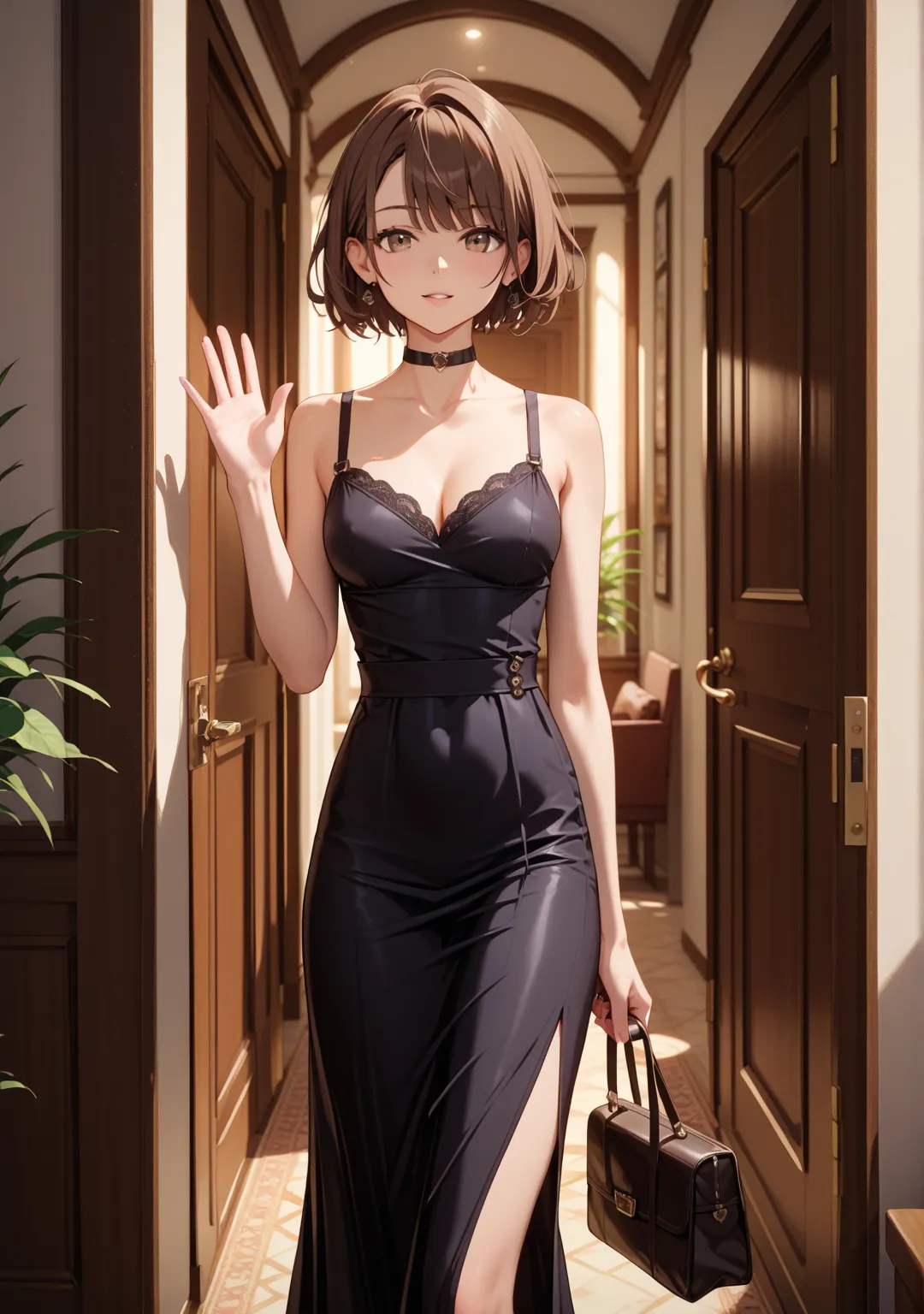 nsfw,night,one girl,,short hair,straight hair ,brown hair,brown eyes,swept bangs,black dress,bag,lounge,walking,,Fat men,open the door,black choker,slender,Jacket,with one hand raised and waving,