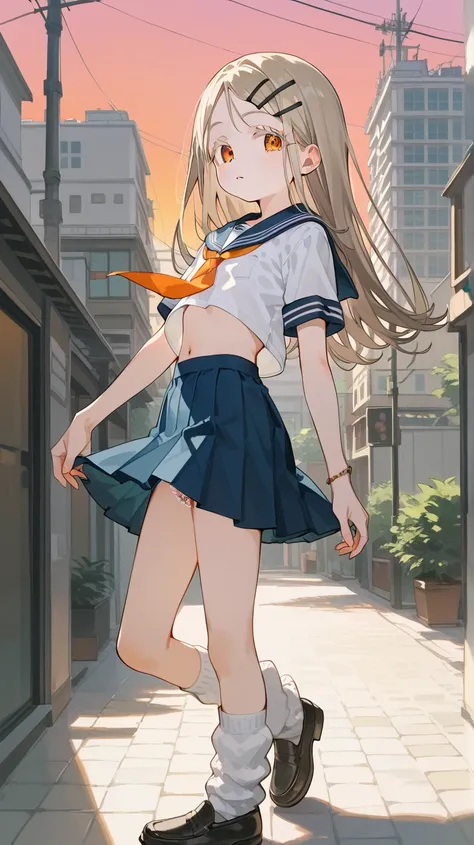 Shinosawa Hiro ,thin, orange eyes from the side diagonally, white lashes,blond with a big face,long hair,hair clip,flat chest,belly button,Outdoors、sunset、City、building、solo,Short sleeve, Red Ribbon Sailor Suit,navy blue pleated skirt,low rise、white lace p...