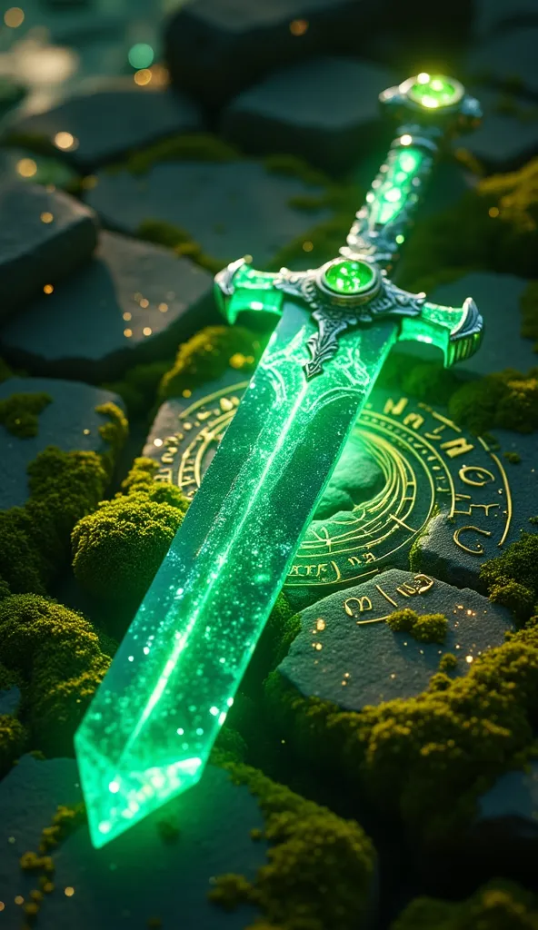 (best quality, 128k,highres,masterpiece:1.2),ultra-detailed,(realistic,photorealistic,photo-realistic:1.37), ((masterpiece)) ((photography)) ((Highest quality)) A hyper-realistic, ultra-detailed image of an ancient emerald sword resting on a sacred stone f...