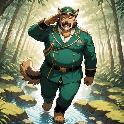 character focus, full body, looking away, dynamic angle, military, musclegut middle-aged german shepherd dog man, salute, military uniform, military shirt, military slacks, rough pose, BREAK full body in Michelangelo Buonarroti style, pastel-colored design...