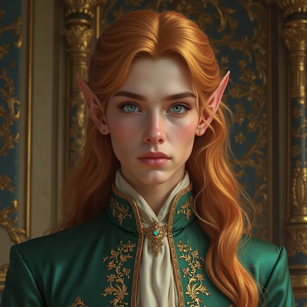  young male high elf aristocrat with copper-gold hair and turquoise-sapphire eyes