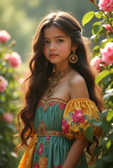 "A photorealistic, surreal, and award-winning portrait of a young, beautiful girl with long, flowing brown hair, wearing a vibrant, off-shoulder dress in shades of teal, yellow, and pink with intricate embroidery, adorned with ornate gold jewelry including...