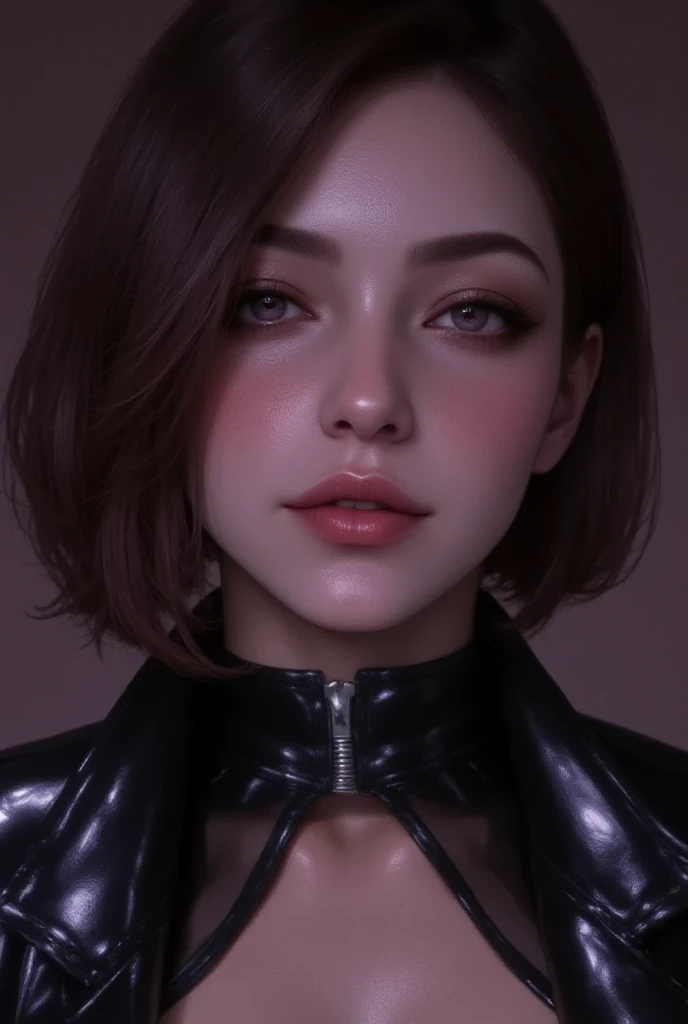 a close up of a woman in a black jacket, ilya kuvshinov with short black hair,detailed, flux,almond eyes, hooded grey eyes,without bangs,flux art,race: russian and american,flux 