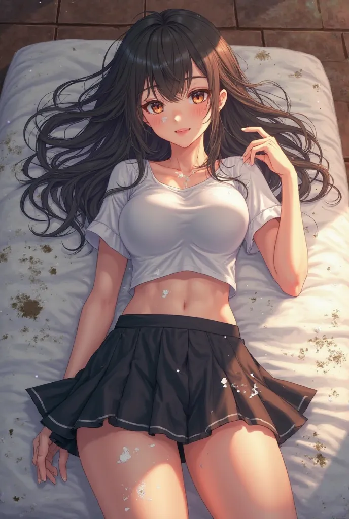  A very beautiful 19 year old anime girl ,  They are dressed as a sexy student . huge breasts shy girl , From the groups .  short black skirt .  You lie on a dirty mattress on the floor. The gap between the thighs.  student costume. There are white paint s...