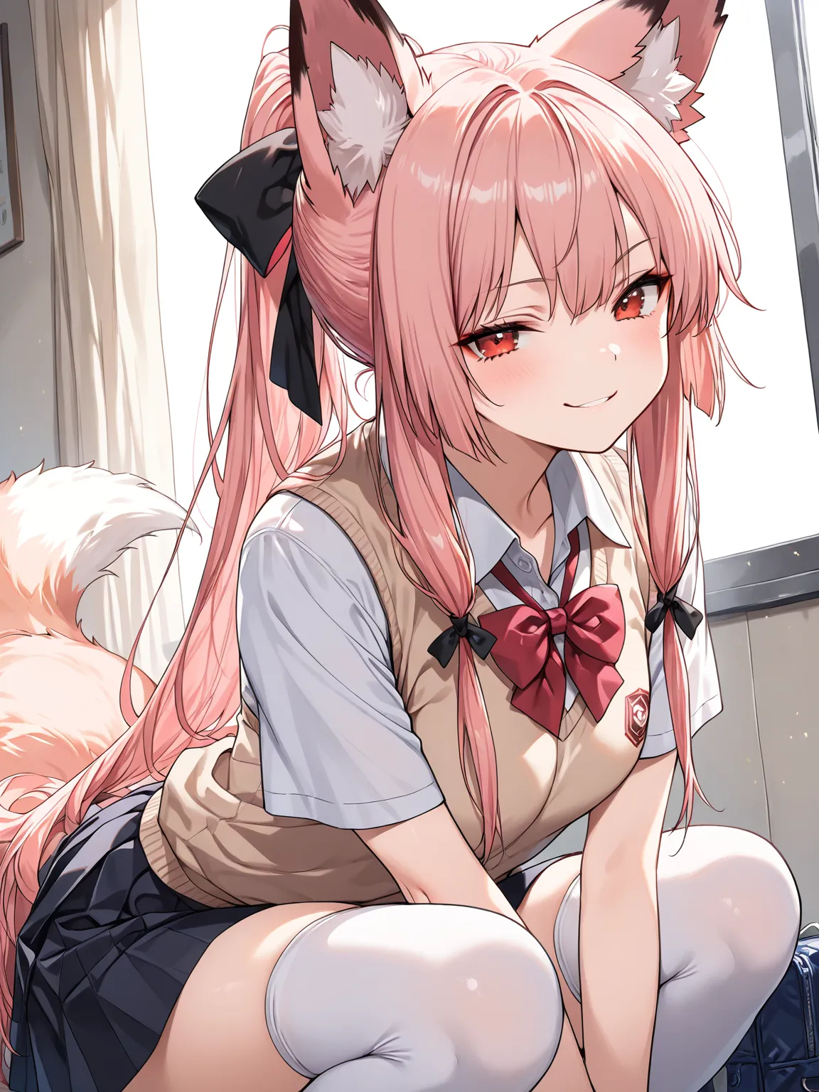 ((masterpiece, best quality, extremely detailed)), 1girl, pink hair, long hair, ponytail, long sidelocks, red eyes, fox girl, fox ears, fluffy, school uniform, white thighhighs, hair ribbon, looking at viewer, smirk