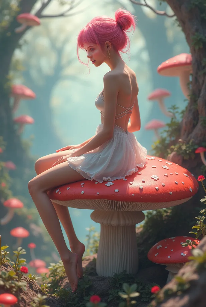 1girl,beautiful 18 year old girl,pink hair in a bun,bare shoulders,sitting on a giant mushroom,elegant,chic,modern,fashionable,muted colors,soft lighting,art nouveau,psychedelic anime style,colorful,trippy,(best quality,4k,8k,highres,masterpiece:1.2),ultra...