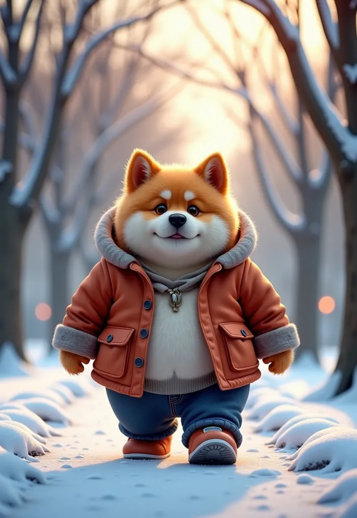 Furry dog, obese, chubby cheeks, walking in the park, winter,  jacket, jeans, fluffy, Realistic anatomy, detail, 