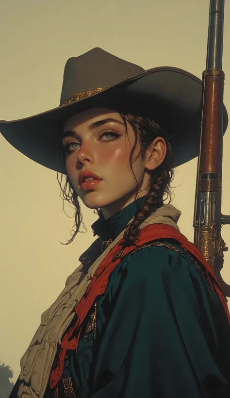 taken from obliquely below、 Fisheye 、high school girl, intense expression that radiates deep wisdom and mystery, Misty, dreamy background 、 cowboy style、Wear a deep cowboy bat、 Gold、braids、Hold an old rifle on your shoulder、