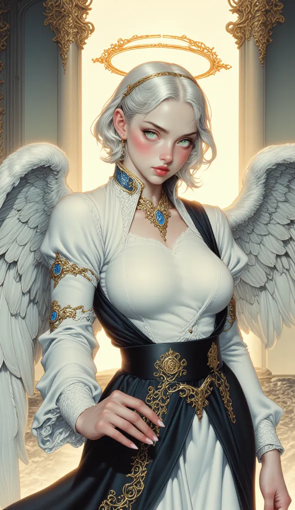 (masterpiece:1.2),(Highest quality),(Very detailed),(Ultra-high resolution),(Best illustrations),8k, a female angel, platinum hair, golden eyes, halo, white angel wings, god rays, sexy tunic, (huge breasts:0.8),(thick thighs:0.2), (hourglass figure:0.6), (...