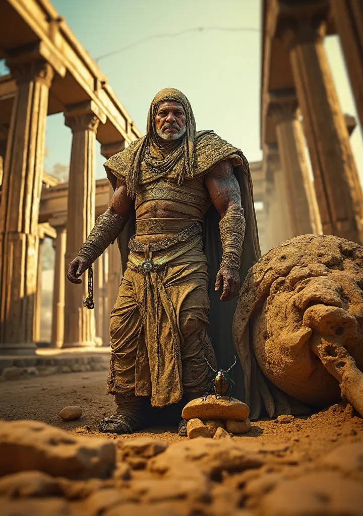 A cinematic, hyperrealistic photograph depicting a fully visible, standing mummified warrior guardian and a scarab beetle positioned side-by-side, in sharp focus.  The warrior, a middle-aged man of North African descent with weathered, dark brown skin, pos...