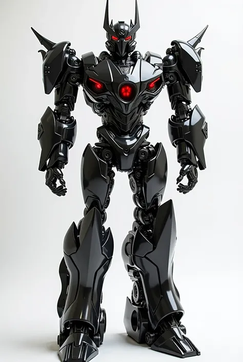 create elegant transformers in black and white. it transforms into Bugatti La Voiture Noire. in the form of a robot he's tall, on his head, he has a wide chest and a thin waist. there are several black protrusions on the head. he has bright red eyes