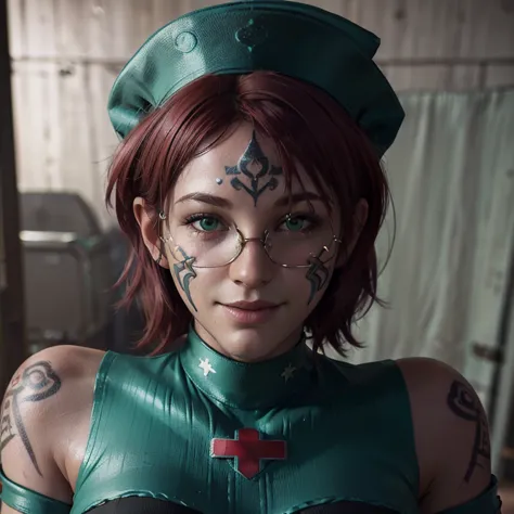 (close-up, face:1.2). Short, (red hair, green eyes:1.2), (diopter glasses with metal frames:1.2), (green nurse costume:1.6), ( facial tattoos :1.6), ( smile:1.3) girl . ( Masterpiece , top quality shirt, best quality, official art,  beautiful and aesthetic...