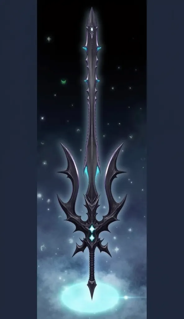 A dark, mystical greatsword floating in a glowing ethereal space. The sword has a long, sleek, black blade with sharp angular edges and glowing cyan or teal gemstones embedded in the metal. The hilt is intricately designed, featuring jagged, wing-like prot...