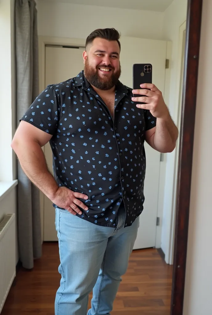 Realistic image of a 45-year-old Moroccan male, massive chubby bodybuilder, muscle bulky Man,tall size , brown hair with a comb over cut, 3 day beard,He is wearing a black shirt fully printed with small blue flowers , jeans celestes,  all-white leather sne...