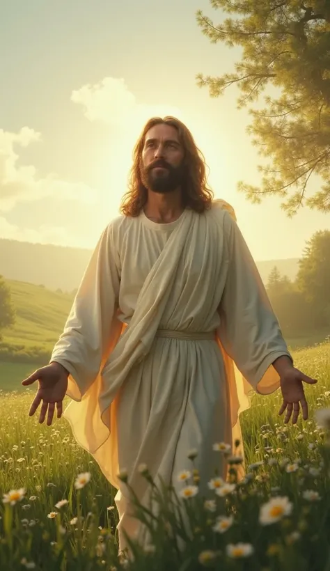 Jesus Christ,  with serene and compassionate expression ,  in a natural and tranquil environment , reflecting the message of faith and hope of the song 'March Prayer'. He has a welcoming and peaceful posture, surrounded by soft light and warm tones, symbol...