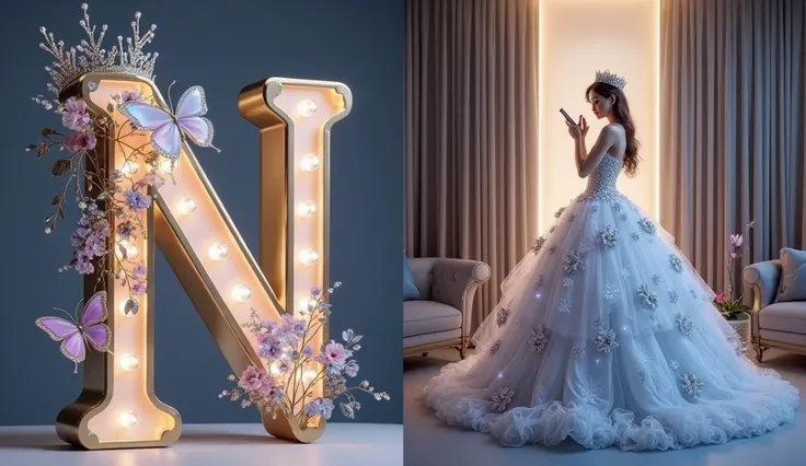 Here’s a detailed prompt to create an image like this:

"Create a visually stunning composition with a two-panel grid on a dark gradient background. The left panel features a luxurious 3D-rendered letter 'N' in gold and white, adorned with a delicate silve...