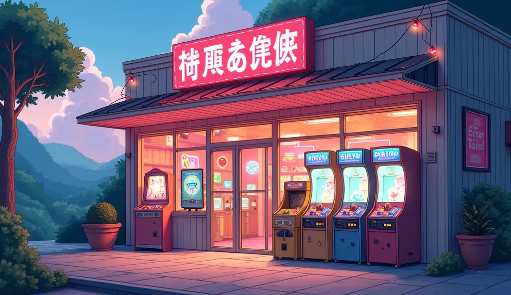 anime style, arcade background, games mechine, plushie mechine, landscape size, soft colour, no people just background, the outside view of the arcade