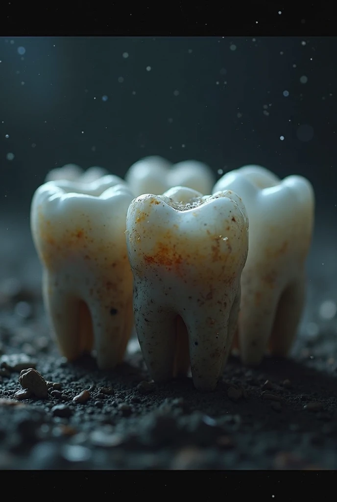 A cinematic picture of several teeth next to each other, losing the top layer of the crown due to friction and sad 