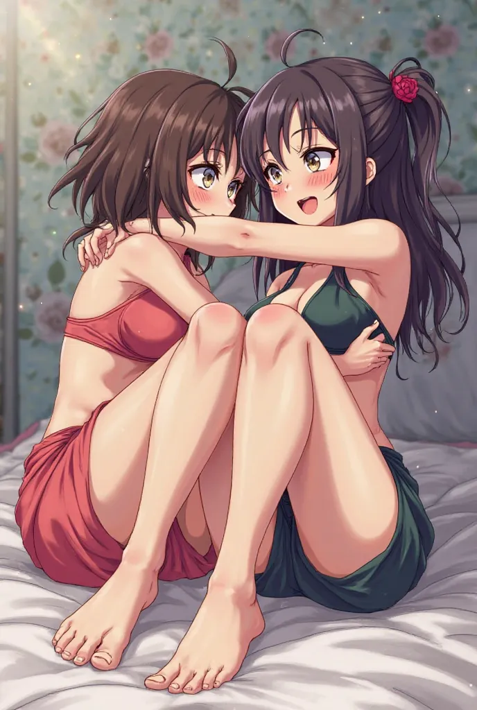 Two anime girls wrestling, one girl takes the upper hand by licking her bare soles 