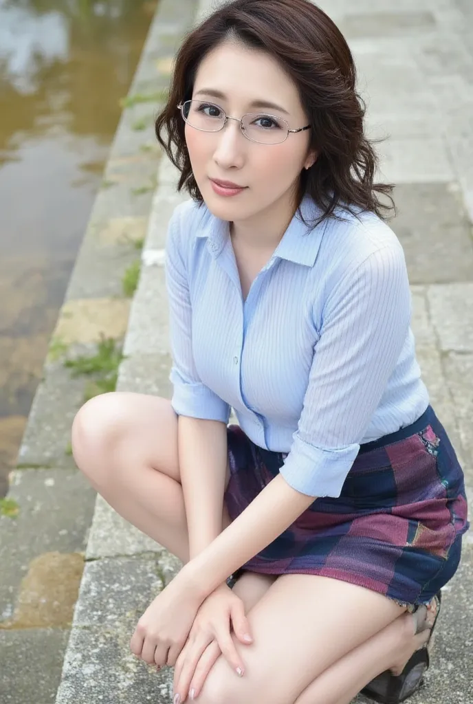 Auntie from Tohoku is crouching beside a steep mountain stream in the cold spring、 Organic Photography 、  telephoto lens ，Best quality 、  masterpiece 、 Ultra High Resolution 、46 years old、 an elegant face 、 is wearing glasses，Wearing a light blue business ...