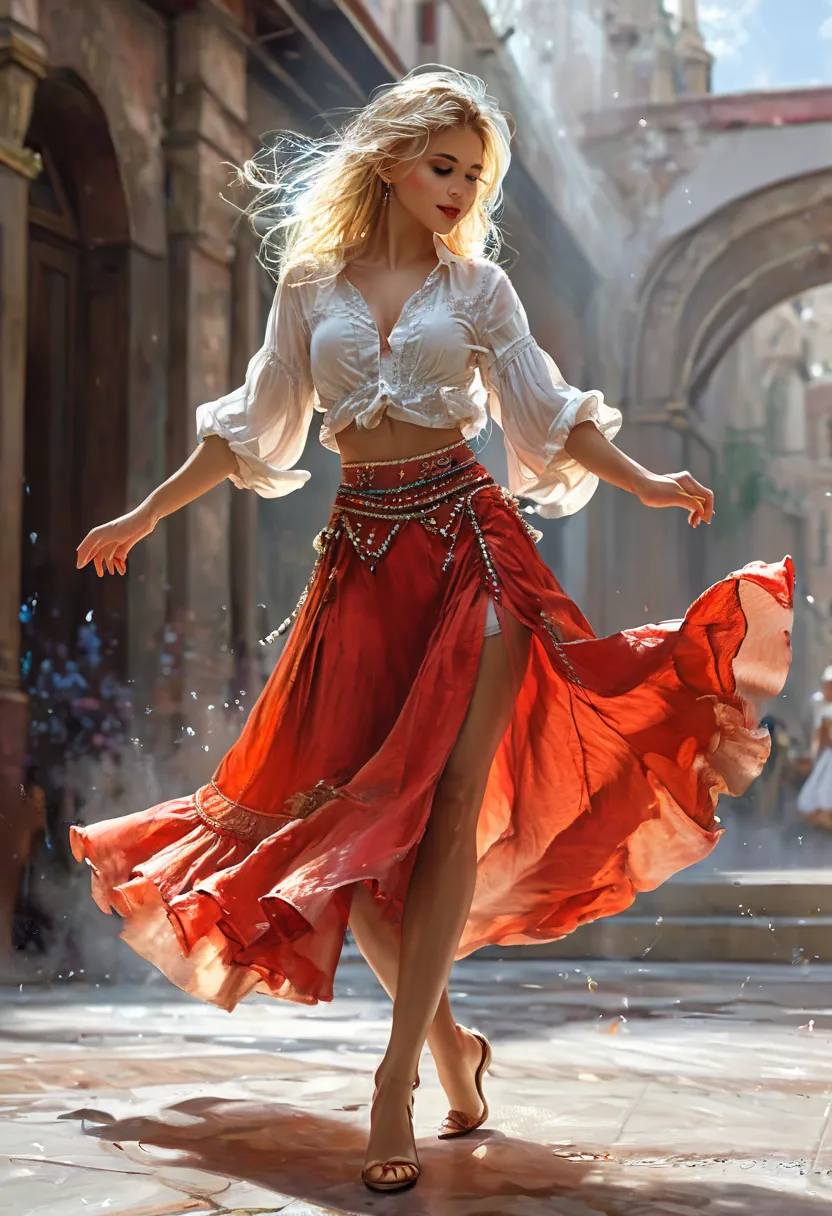 Willem Haenraets style full body blond włosy ,mface close up .  Woman from France in white and red seven-layer skirt , wyglądająca zmysłowo w nocy , in a romantic Spanish dance b a woman dancing happily