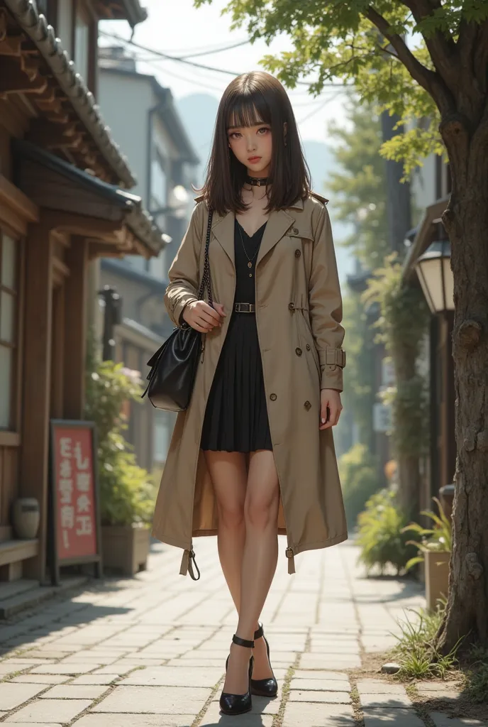 A young Asian woman, positioned slightly off-center to the left of the image, is shown in a stylish urban setting. She is in her late s or early twenties, with shoulder-length brown hair. She wears a light beige trench coat over a dark-colored, knee-length...