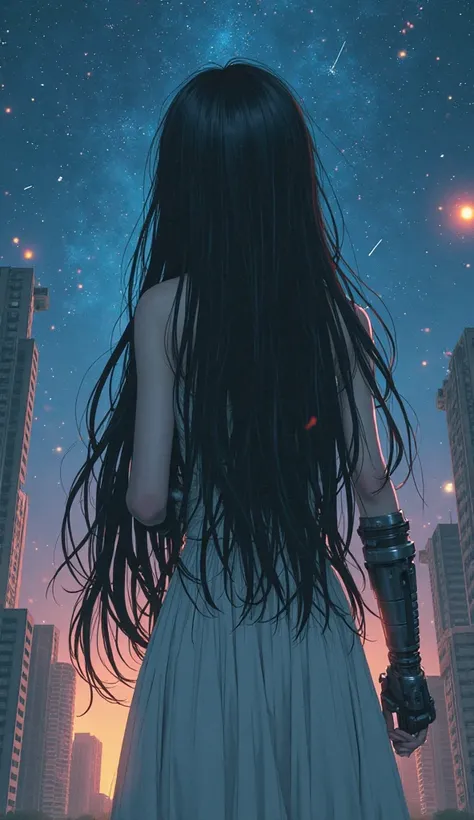 best quality,Best Quality, reality,Sadako,very long black hair,  a person hiding his face with cute long bangs  ,  a dingy white long skirt dress  ,  equipped with metal mechanical armor for special movements,  shooting with a detailed AR-15 rifle  ,  lots...